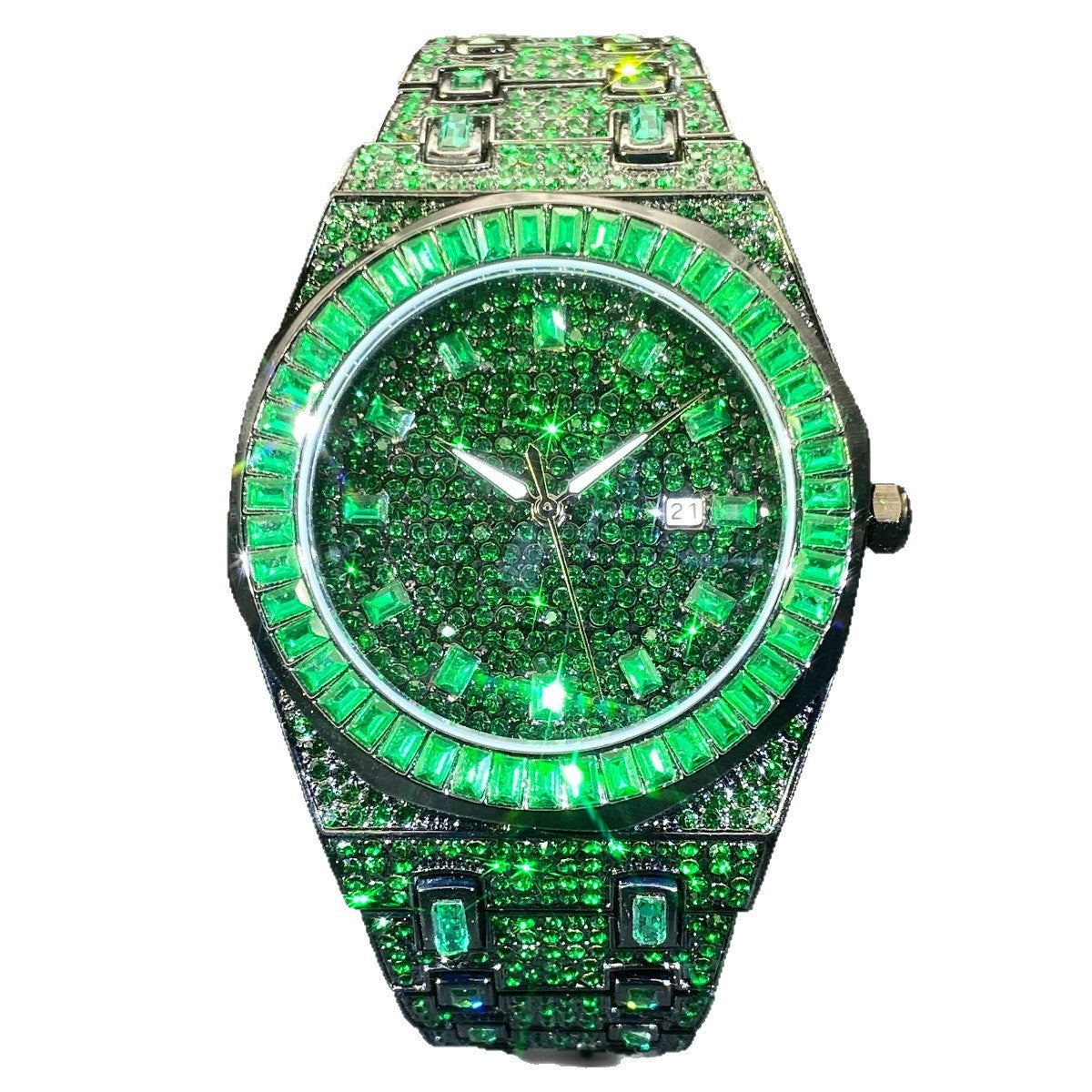 Hip Hop Men's Fashion Green Full Rhinestone Quartz Watch