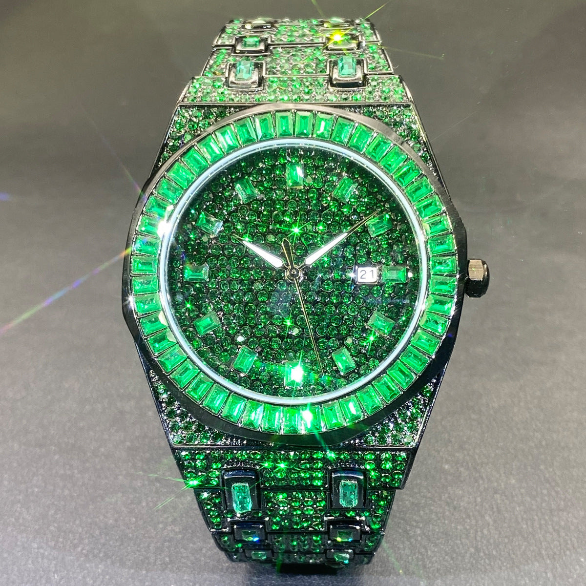 Hip Hop Men's Fashion Green Full Rhinestone Quartz Watch