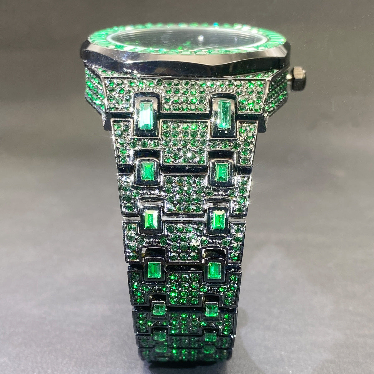 Hip Hop Men's Fashion Green Full Rhinestone Quartz Watch